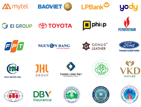 Logo khách hàng được phép công bố, gồm Mytel, Bảo Việt, LPBank, Yody, EI Group, Toyota, Phi&P, Petrovietnam, FPT, Nguyên Đăng, Genius Leather, Thanh Xuân Ford và các đơn vị trong hồ sơ